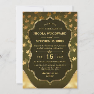 Rustic Dark Green and Gold Fall Leaves Wedding Invitation