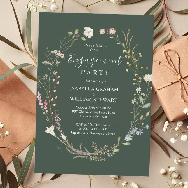 Rustic Dark Green Boho Wildflower Engagement Party Invitation (Creator Uploaded)