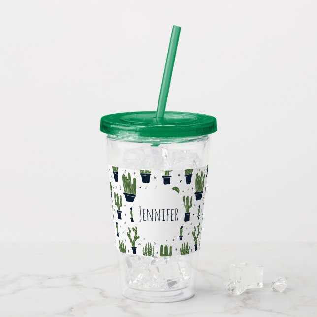 Rustic Dark Green Cactus Desert Pattern Acrylic Tumbler (Back Ice)