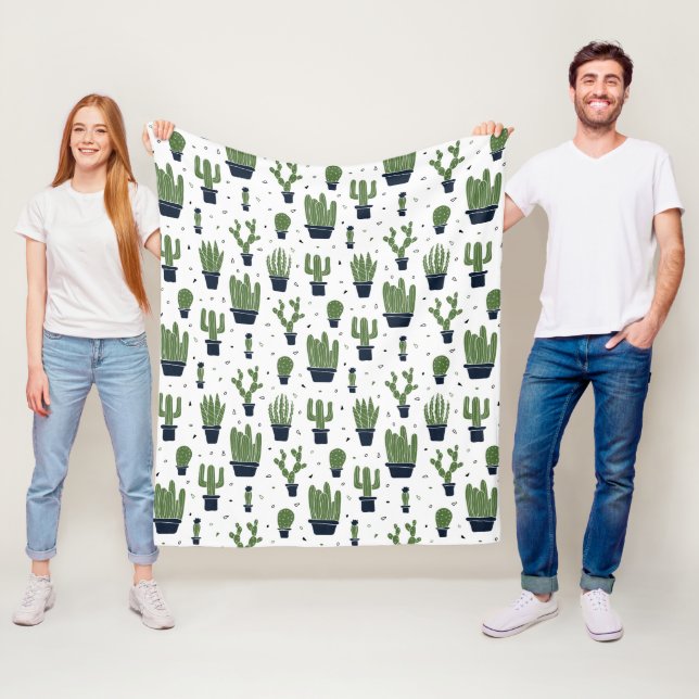 Rustic Dark Green Cactus Desert Pattern Fleece Blanket (In Situ)