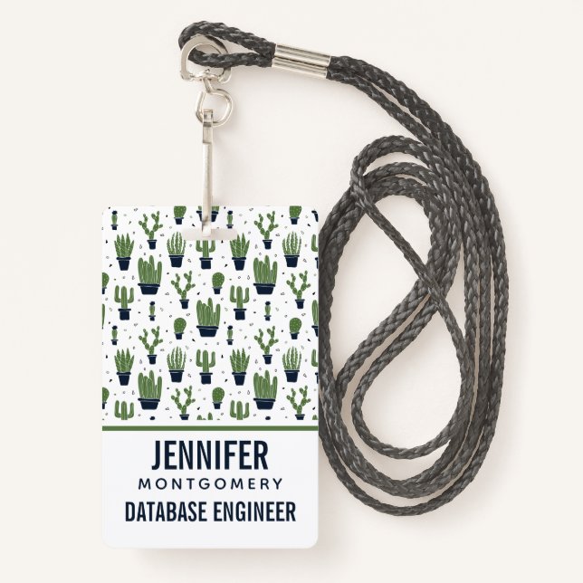 Rustic Dark Green Cactus Desert Pattern Profession ID Badge (Front with Lanyard)