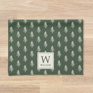 Rustic Dark Green Christmas Tree Family Name Tea Towel