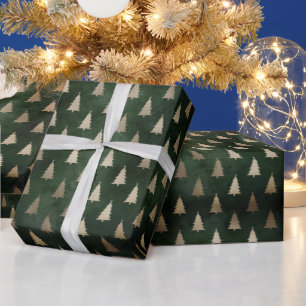 Rustic dark green gold Christmas trees pattern Wrapping Paper