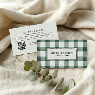 Rustic Dark Green Watercolor Buffalo Plaid QRCODE Business Card