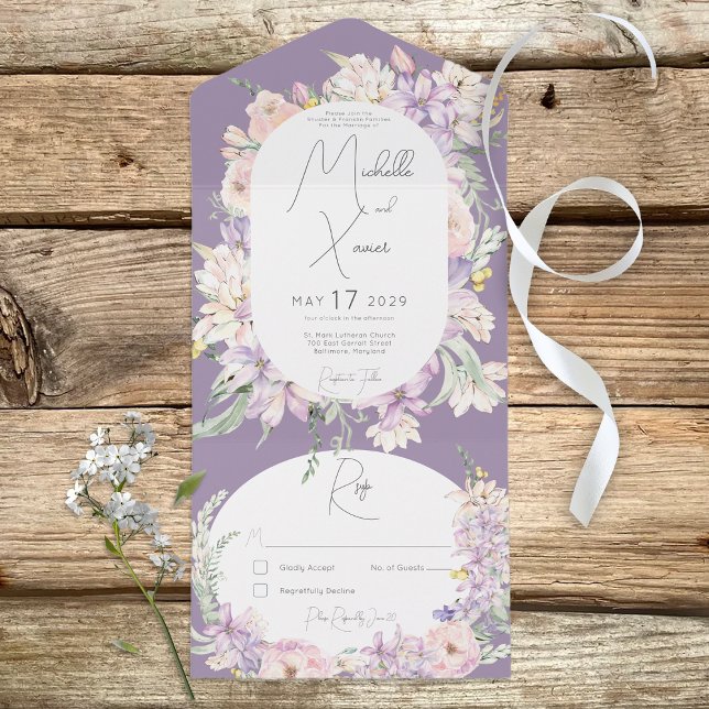 Rustic Dark Lavender Pastel Flowers No Dinner All In One Invitation (Creator Uploaded)
