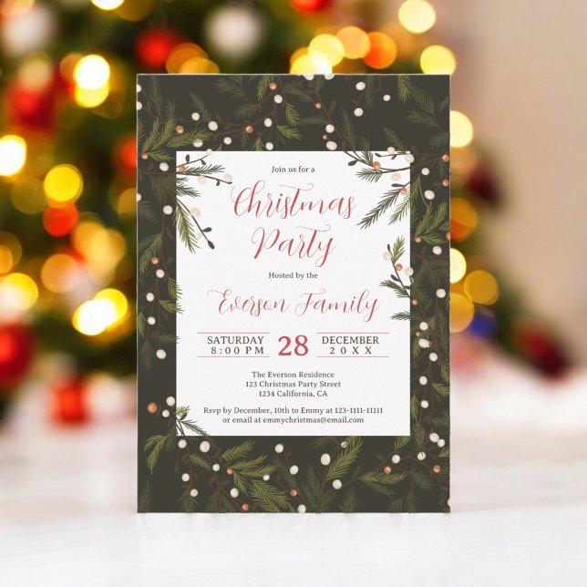 Rustic dark Pine Branches Elegant Christmas Party Invitation (Rustic dark Pine Branches Elegant Christmas Party Invitation)