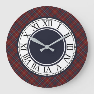 Rustic Dark Red and Navy Blue Plaid Large Clock