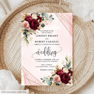 Rustic Dark Red Gold Blush Roses Floral Wedding Invitation