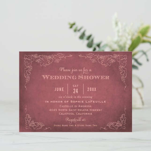 Rustic Dark Red Vineyard Wedding Shower Invitation (Standing Front)