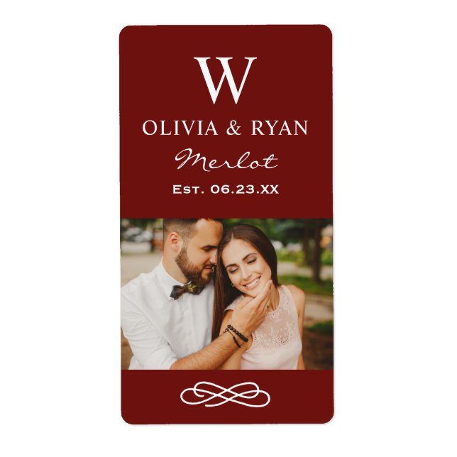Rustic Dark Red Wedding Monogram Wine Photo (Front)
