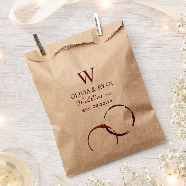 Rustic Dark Red Wine Stain Kraft Monogram Wedding Favour Bags (Clipped)