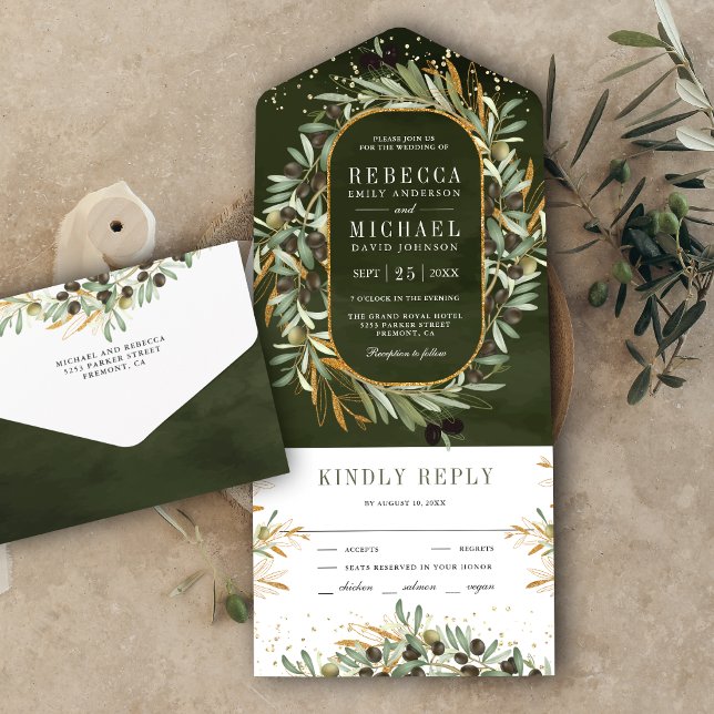 Rustic Dark Sage Green Gold Olive Leaves Wedding All In One Invitation (Creator Uploaded)