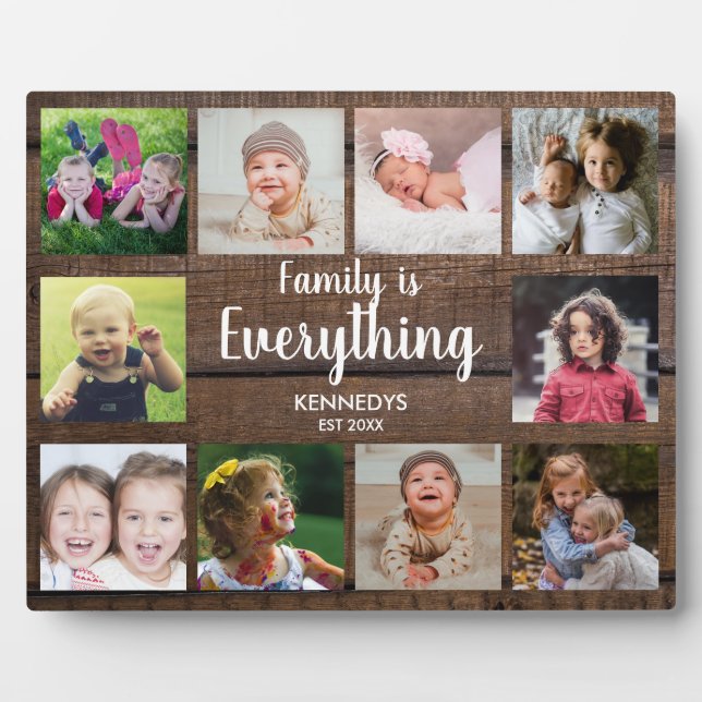 Rustic Dark Wood 10 Photo Collage Family Plaque (Front)