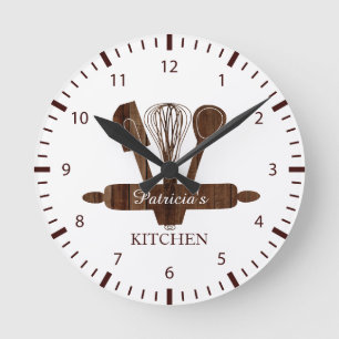 Rustic Dark Wood And White Personalized Kitchen Round Clock