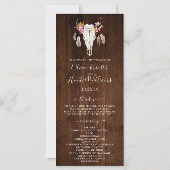 Rustic Dark Wood Antler Skull Wedding Program (Front)