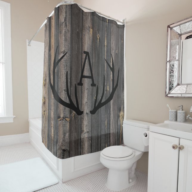 Rustic Dark Wood Antlers Monogram Shower Curtain (In Situ)