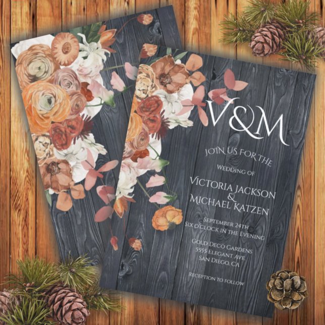 Rustic Dark Wood Autumn Floral Wedding Invitation (Creator Uploaded)