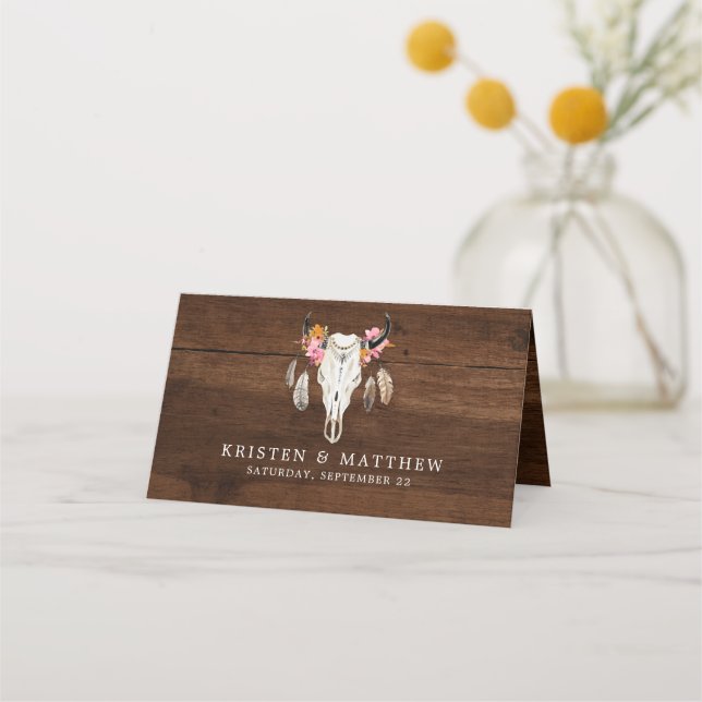 Rustic Dark Wood Boho Antler Wedding Place Card (Back)