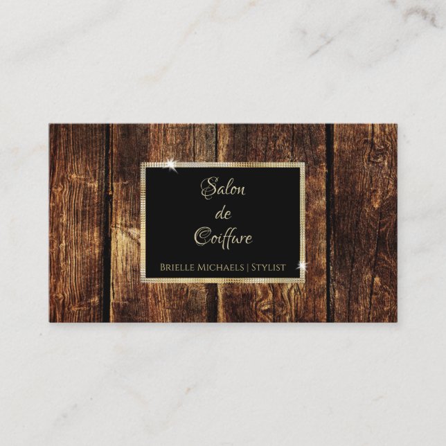 Rustic Dark Wood Elegant Gold Frame Beauty Salon Business Card (Front)
