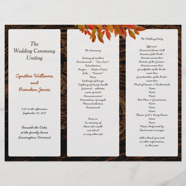 Rustic Dark Wood Fall Wedding Tri-Fold Program (Front)