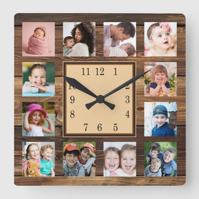Rustic Dark Wood Family Keepsake 12 Photo Collage Square Wall Clock (Front)