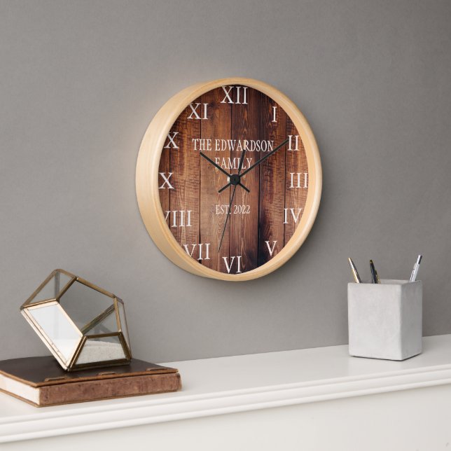 Rustic dark wood family name farmhouse clock (Office)
