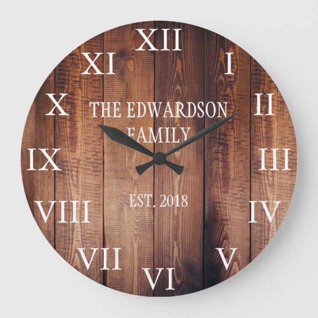 Rustic dark wood family name farmhouse large clock (Front)