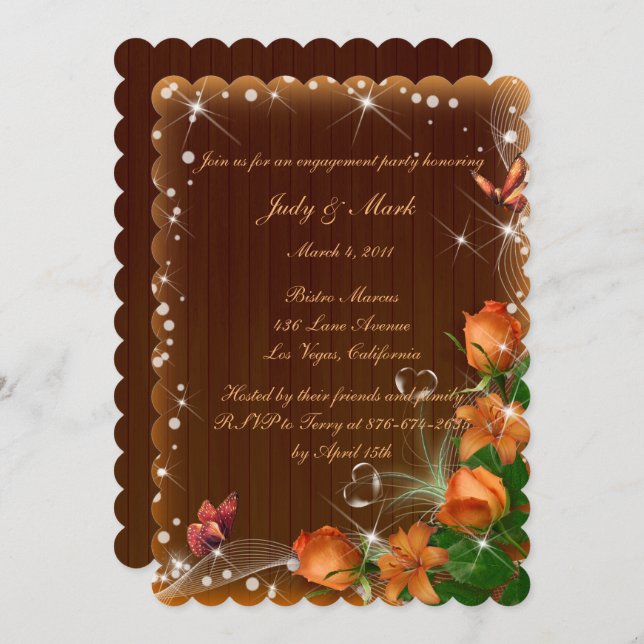 Rustic Dark Wood Floral Butterfly Engagement Party Invitation (Front/Back)