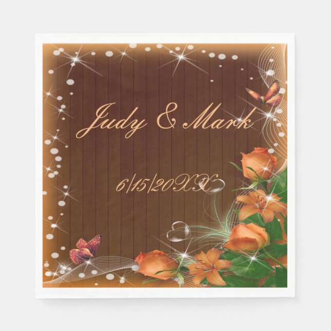 Rustic Dark Wood Floral Butterfly Wedding Paper Napkin (Front)