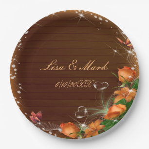 Rustic Dark Wood Floral Butterfly Wedding Paper Plate