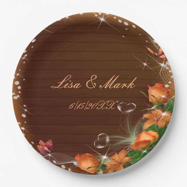 Rustic Dark Wood Floral Butterfly Wedding Paper Plate (Front)
