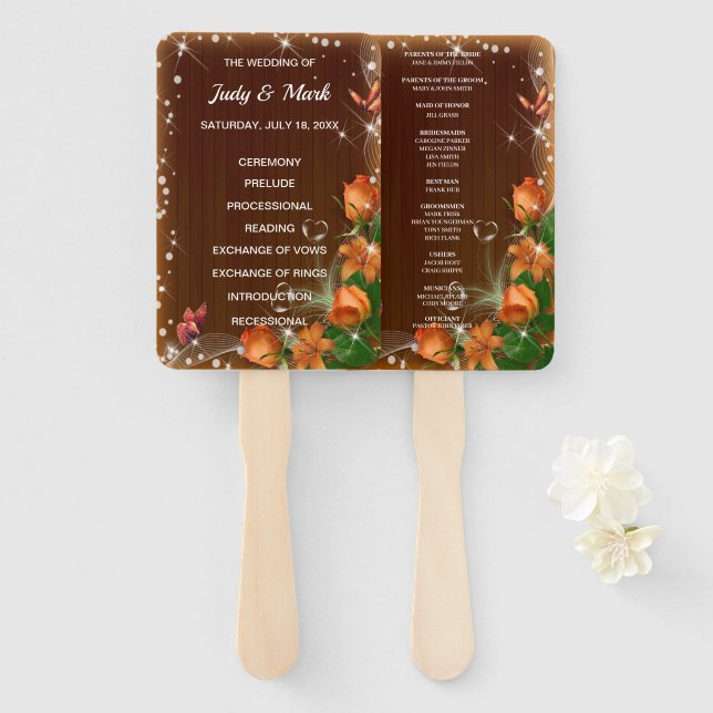 Rustic Dark Wood Floral Butterfly Wedding Program Hand Fan (Front and Back)