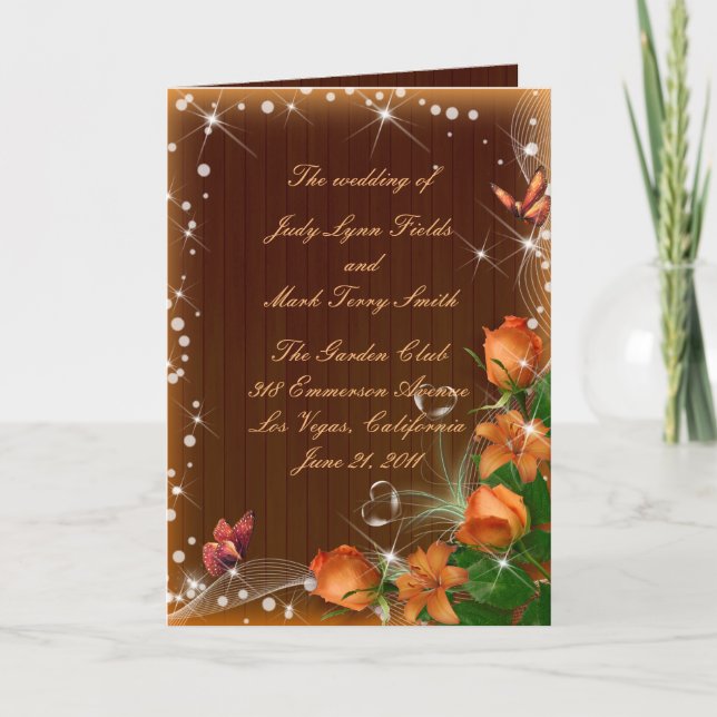 Rustic Dark Wood Floral Butterfly Wedding Program Holiday Card (Front)