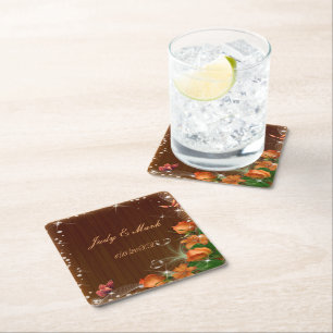 Rustic Dark Wood Floral Butterfly Wedding Square Paper Coaster