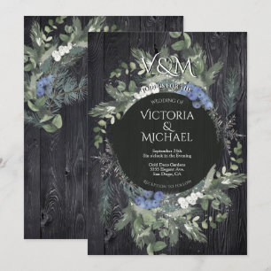 Rustic Dark Wood Floral & Pine Winter Wedding Invitation