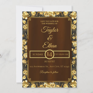 Rustic Dark Wood & Gold Floral Wedding Invitation