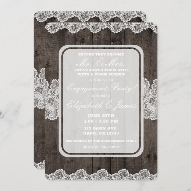 Rustic Dark Wood & Lace Elegant Engagement Party Invitation (Front/Back)