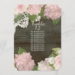 Rustic Dark Wood Lace Rose Hydrangea Table Seating Invitation