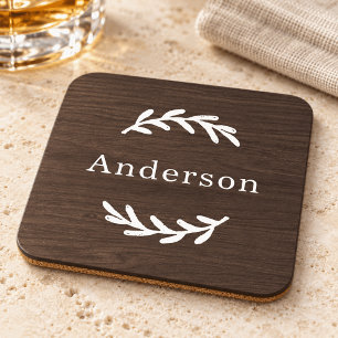 Rustic Dark Wood Laurel Monogram Name Coaster