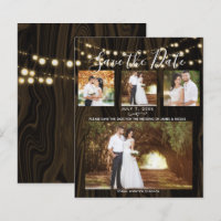 Rustic Dark Wood & Lights 4 Photo Save the Date