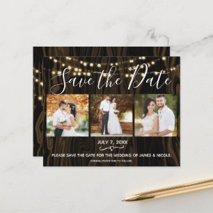 Rustic Dark Wood & Lights Photo Save the Date