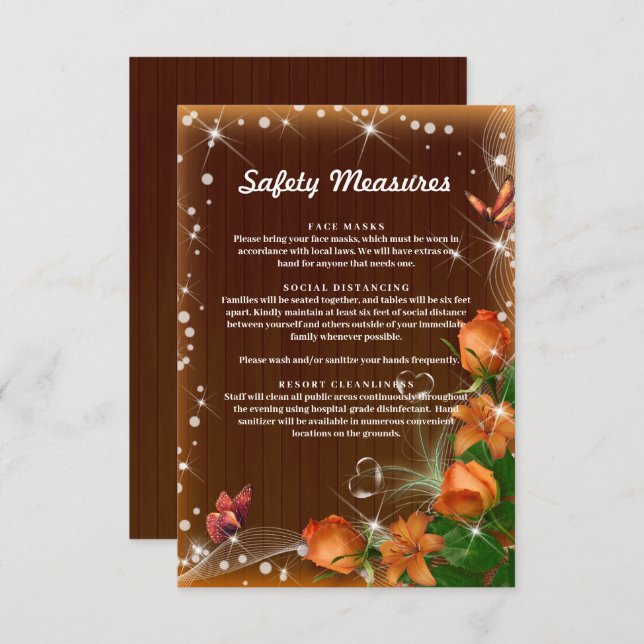 Rustic Dark Wood Orange Floral Safety Measures Enclosure Card (Front/Back)