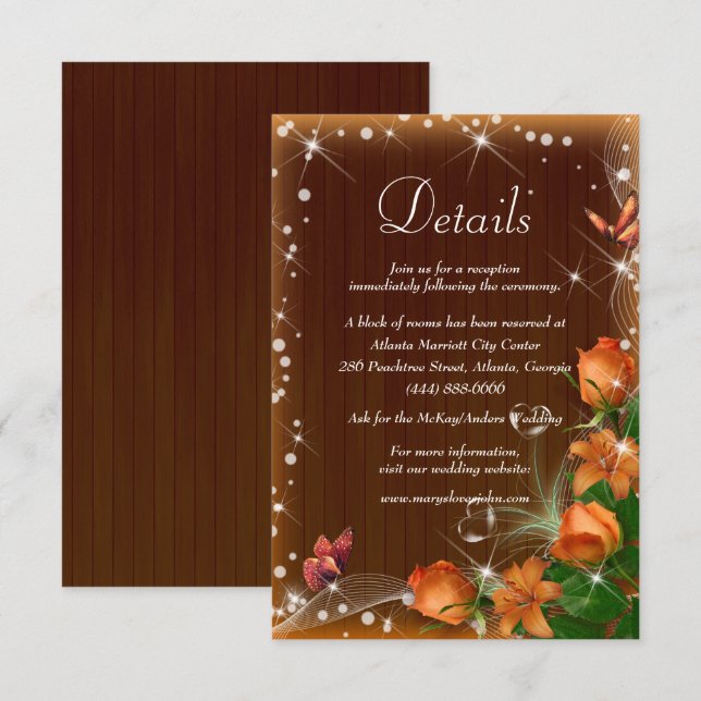 Rustic Dark Wood Orange Floral Wedding Details Enclosure Card (Front/Back)