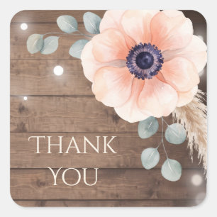 Rustic Dark Wood & Peach Watercolor Floral Square Sticker