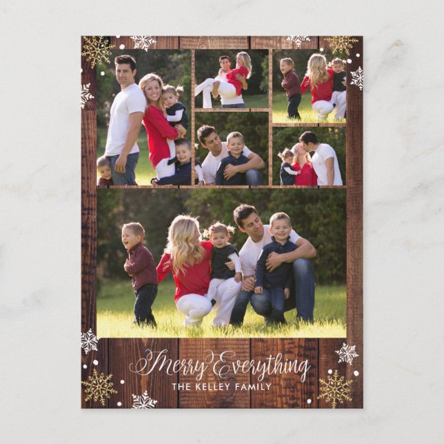 Rustic Dark Wood Photo Collage Holiday Postcard (Front)
