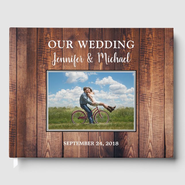Rustic dark wood photo couple Wedding Guest Book (Front)