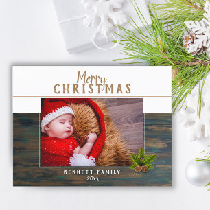 Rustic Dark Wood Pine Merry Christmas Photo Holiday Postcard