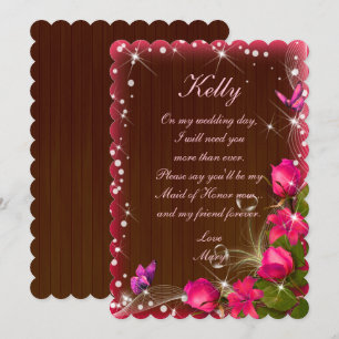 Rustic Dark Wood Pink Floral Maid Of Honour Invitation