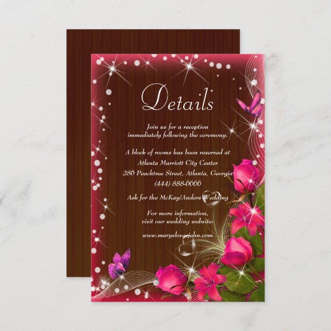 Rustic Dark Wood Pink Floral Wedding Details Enclosure Card (Front/Back)