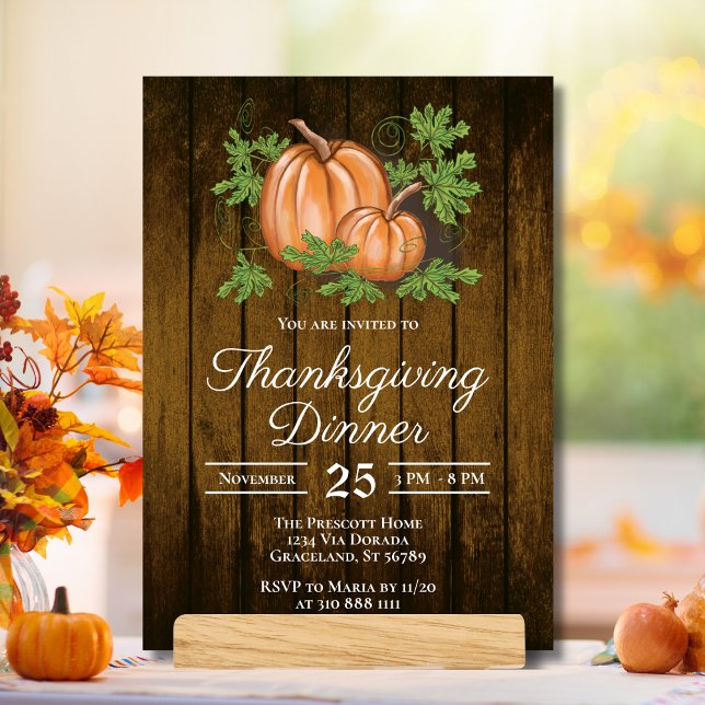 Rustic Dark Wood Pumpkins Thanksgiving Dinner Invitation (Creator Uploaded)